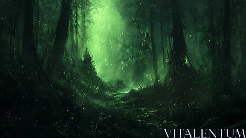 Enchanted Forest Path Glowing with Ethereal Green Light.