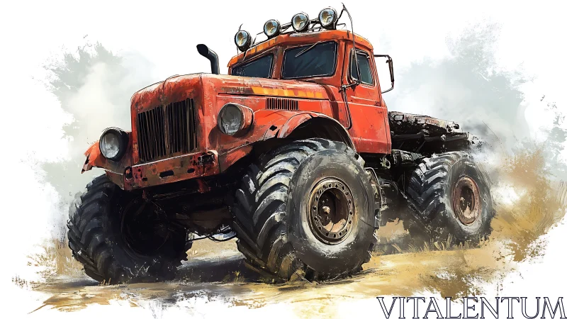 Rusty red monster truck on rugged dirt trail painting.