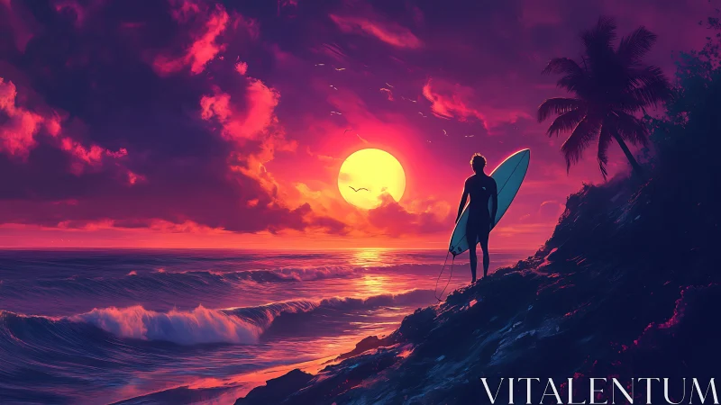 Silhouette of surfer on rocky shore at vivid digital sunset.