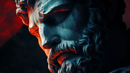 Classical bearded marble statue head in dramatic light.
