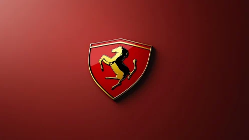 Prancing horse emblem gleaming on deep racing red field.