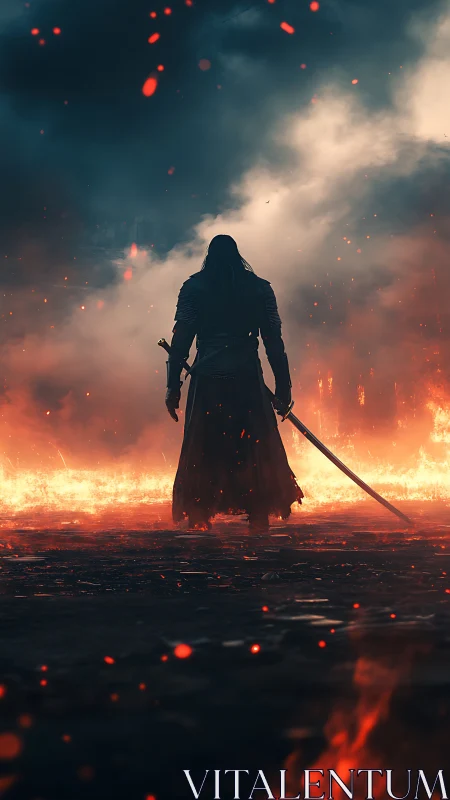 Lone warrior stands in fiery wasteland under stormlit smoke