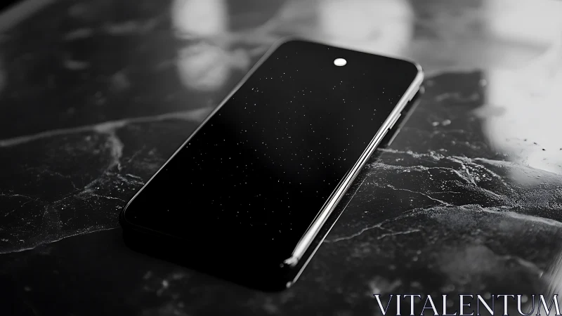 Midnight phone galaxy on a stormy marble tabletop mirror.