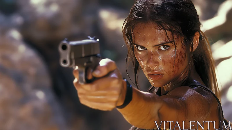 Battle-hardened fighter aims handgun in harsh desert light.