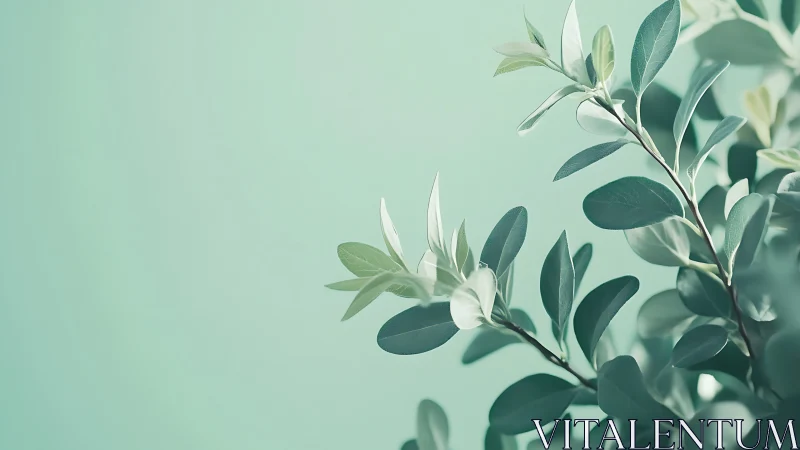 Minimalist green foliage branch on pastel background, soft focus style.