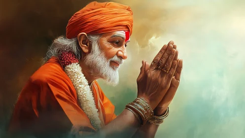 Elderly sage in prayerful pose against ethereal light.