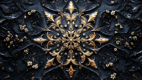Symmetrical gold floral relief on textured dark surface.