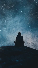 Lone figure in silhouette contemplates a vast starry night sky.