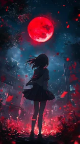 Girl under red moon in urban night street with petals.