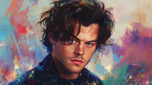 Expressive digital portrait with chromatic abstract backdrop.