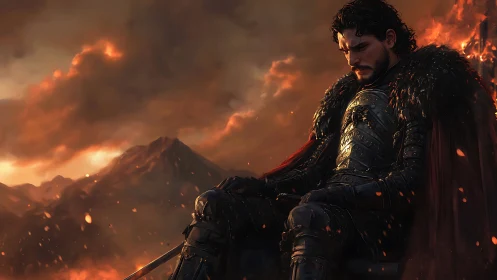 Brooding armored warrior resting before burning mountains.