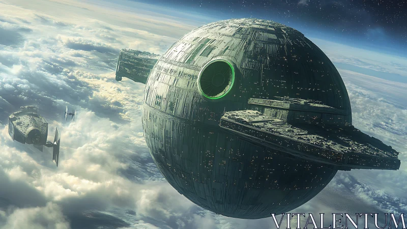 Colossal spherical starship looms above clouds in eerie orbit