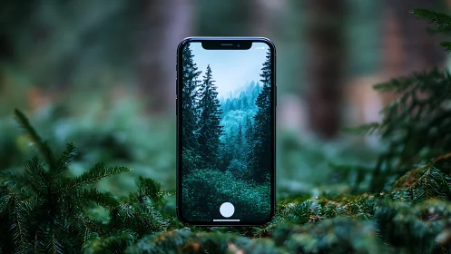 Smartphone displaying forest landscape among pine branches.