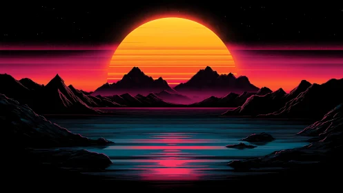 Neon sunset over jagged mountains and reflective lake.