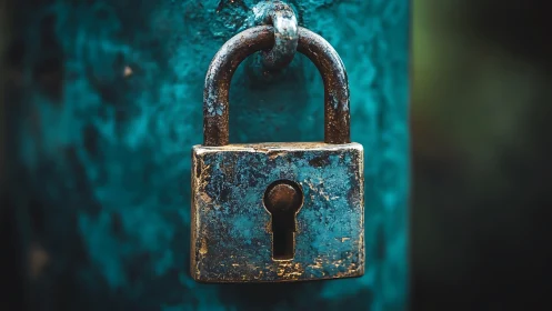 Weathered Padlock Rusted Turquoise Surface.