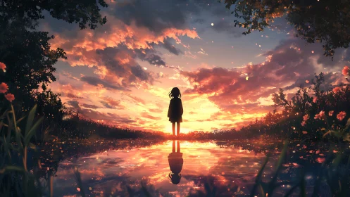 Silhouetted girl at reflective sunset pond with glowing clouds