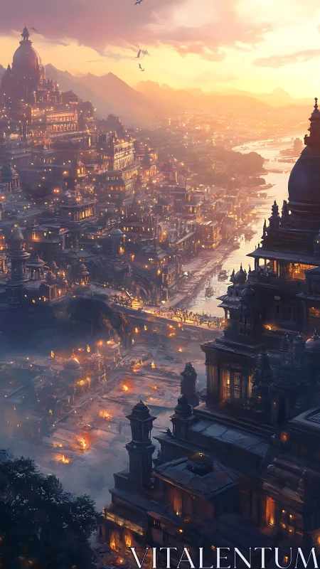 Sunlit fantasy cityscape with terraced riverside temples.