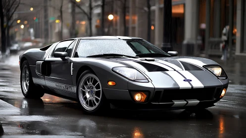 Silver Ford GT on wet city street with headlights on.