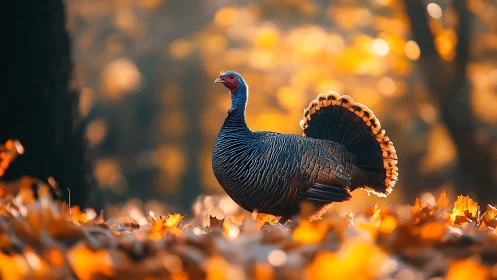 Wild turkey in shallow-depth autumn forest field study.