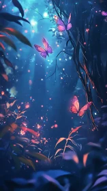 Digital forest scene depicts illuminated butterflies in flight