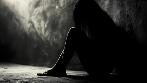 Silhouetted woman sits alone against dark textured wall