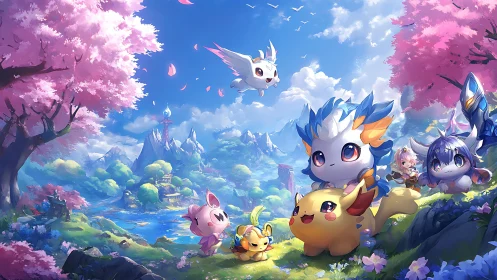 Chibi fantasy creatures explore bright valley under pink trees