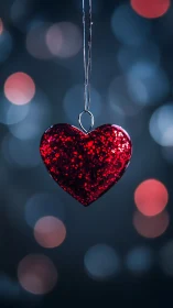 Crimson glitter heart suspended by delicate chain against bokeh backdrop