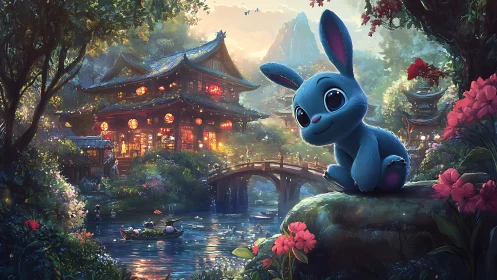 Blue rabbit watches lantern-lit riverside temple village.