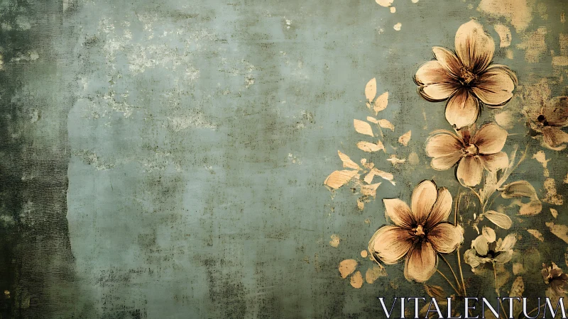 Vintage blossoms drift across distressed teal canvas background.