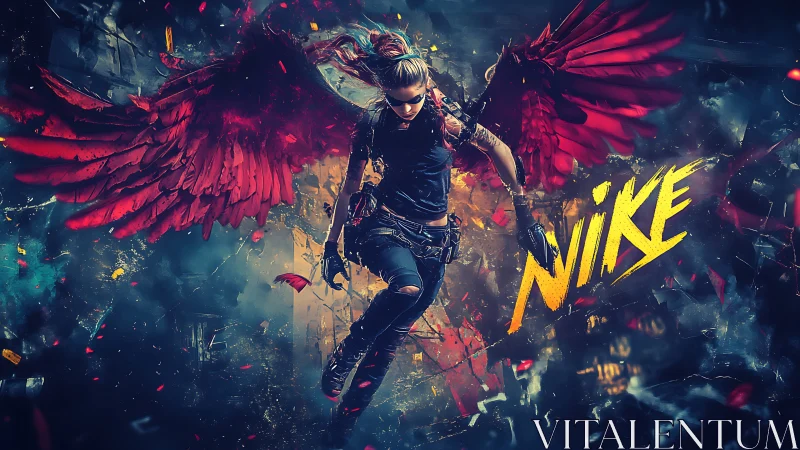 Rebel angel runner dives through neon chaos and embers.