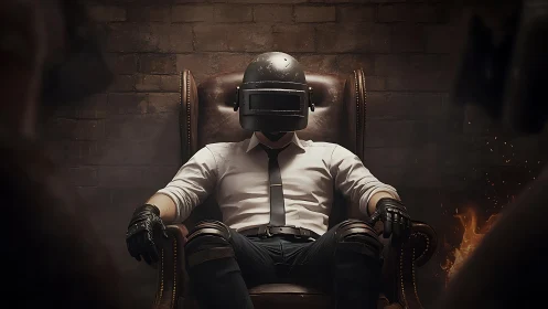 Ballistic-helmet tactician seated in chiaroscuro command interior.