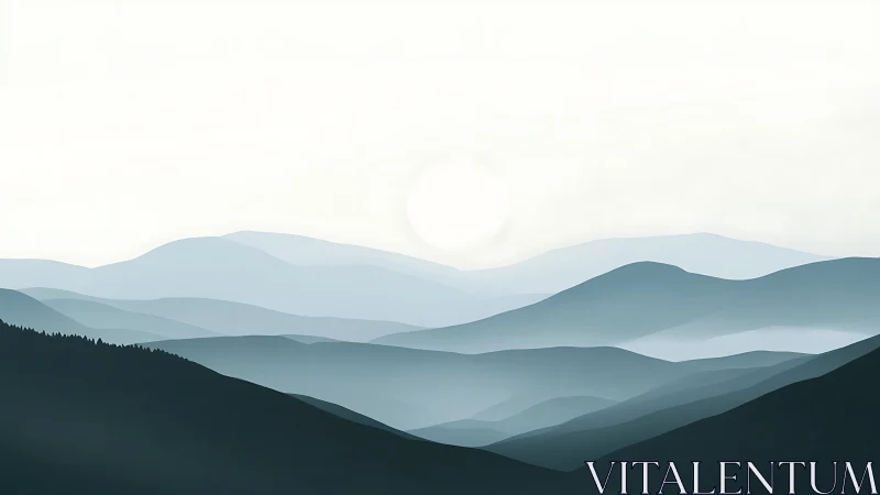 Layered misty mountain ranges dissolve into soft atmospheric light