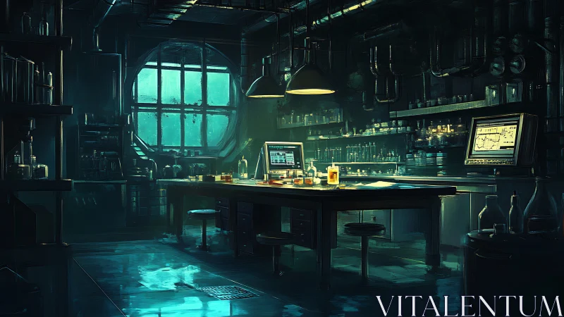 Midnight alchemy lab glows with neon science and secrets.