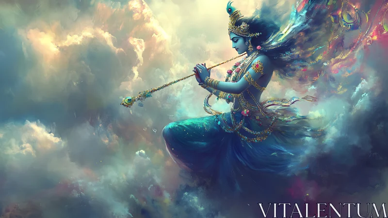 Divine blue figure plays flute in swirling luminous clouds.