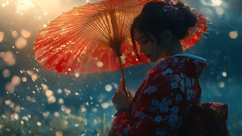 Gentle evening rain embraces a woman beneath a red umbrella