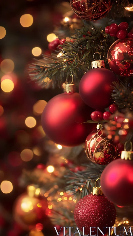 Rich crimson baubles glow softly on a festive tree.