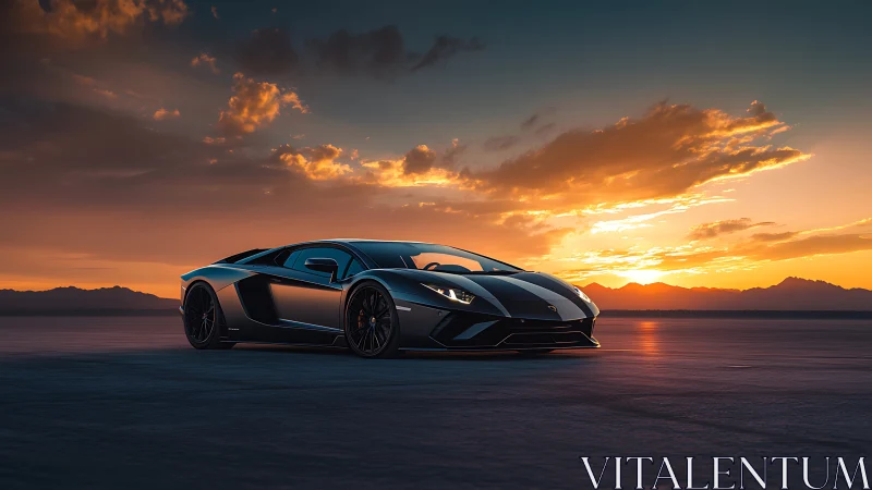 Photorealistic supercar profile under cinematic sunset sky.