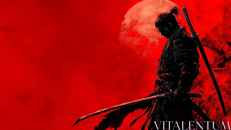 Lone samurai warrior silhouette under a red full moon.