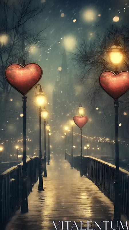 Illuminated Hearts on Snowy Bridge at Dusk.