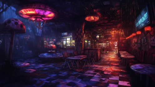 Cyberpunk bar interior with neon lighting and fungal decor.