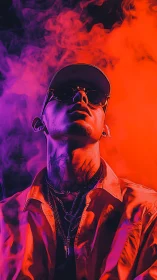 Man in sunglasses lit by split red and purple neon smoke
