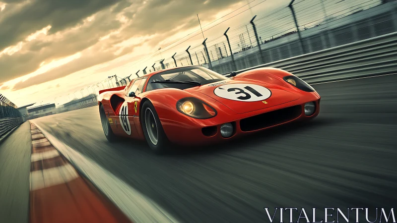 Vintage red endurance race car accelerates along sunset circuit