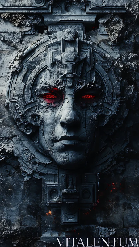 Stone cybernetic face relief with burning red eyes on wall