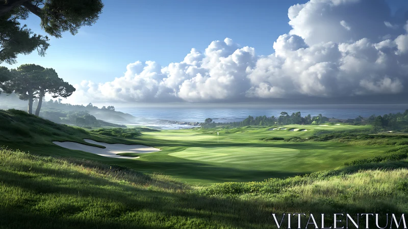 Sunlit coastal golf course green under towering cumulus clouds