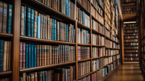 Long wooden library stacks with tightly packed vintage volumes