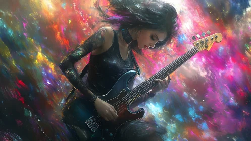 Electric bassist in luminous nebula backdrop, high chroma strokes