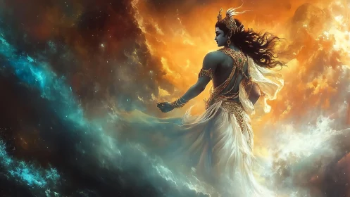 Celestial deity strides through swirling cosmic fire and mist