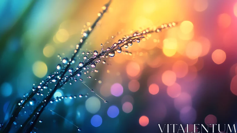 Dew covered grass blades against vivid rainbow bokeh light.