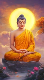 Serene Buddha meditation under radiant golden halo light.