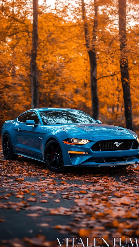 Electric blue sports car glows against rich autumn forest